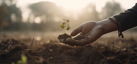 hand holding earth and a small plant above the ground of a field