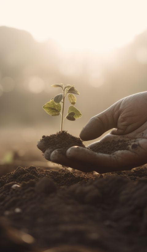 hand holding earth and a small plant above the ground of a field