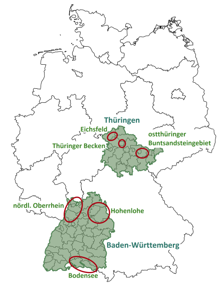 Deutschlandkarte, auf der die CAP4GI-Projektregionen in Baden-Württemberg und Thüringen eingezeichnet sind.